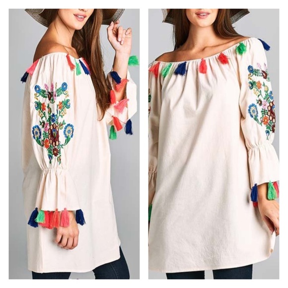 Velzera Dresses & Skirts - Beige Multi Boho Embroidered Tassel Tunic Dress